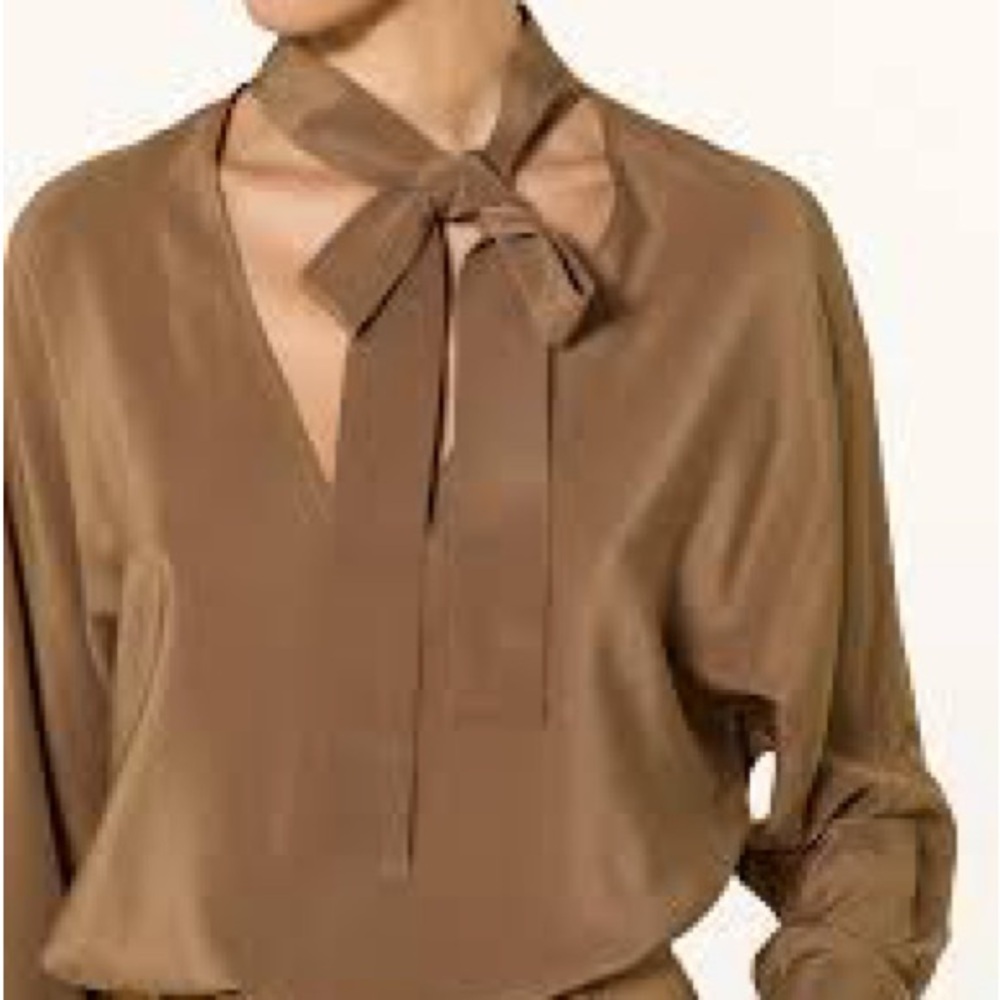 MaxMara Taupe Silk Blouse with Bow Accent